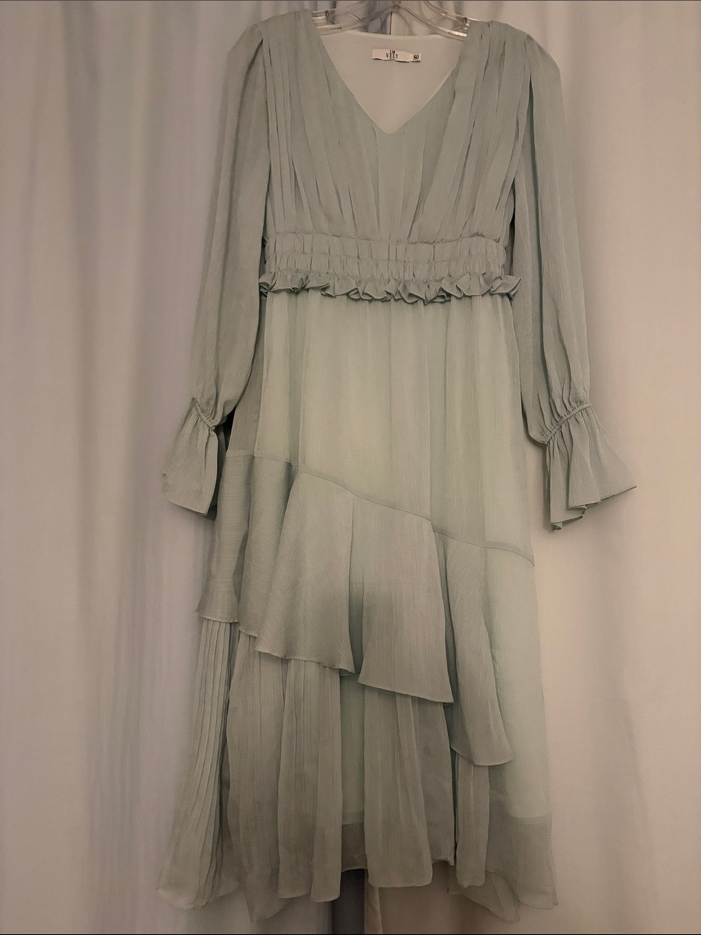 Women’s Light Sage Ruffled V-Neck Long Sleeve Ruffle Romantic Dress
